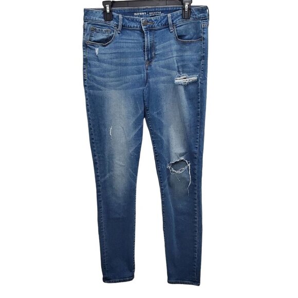 Old Navy Women's Rockstar Medium Ripped Distressed Mid-Rise Skinny Jeans 12 Long - Picture 1 of 5